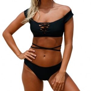Black Strappy Crisscross 2pcs Tankini Swimsuit